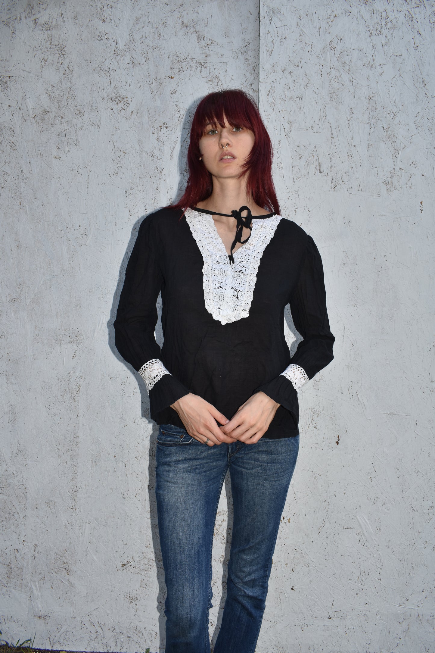 Vintage 80’s Tie Neck Bell sleeve Blouse with Lace