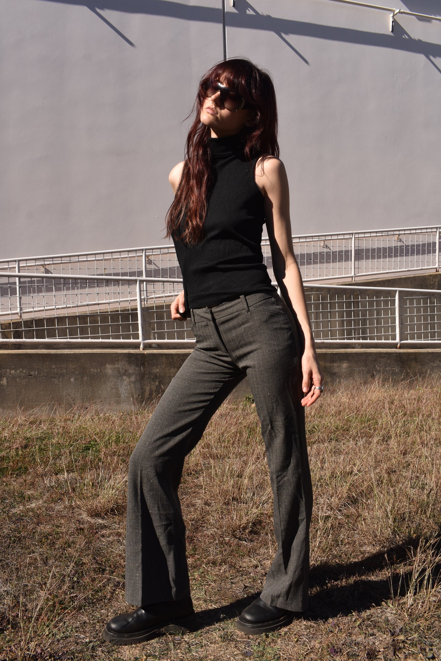 Vintage Grey Metallic Pinstripe Low Rise Trousers