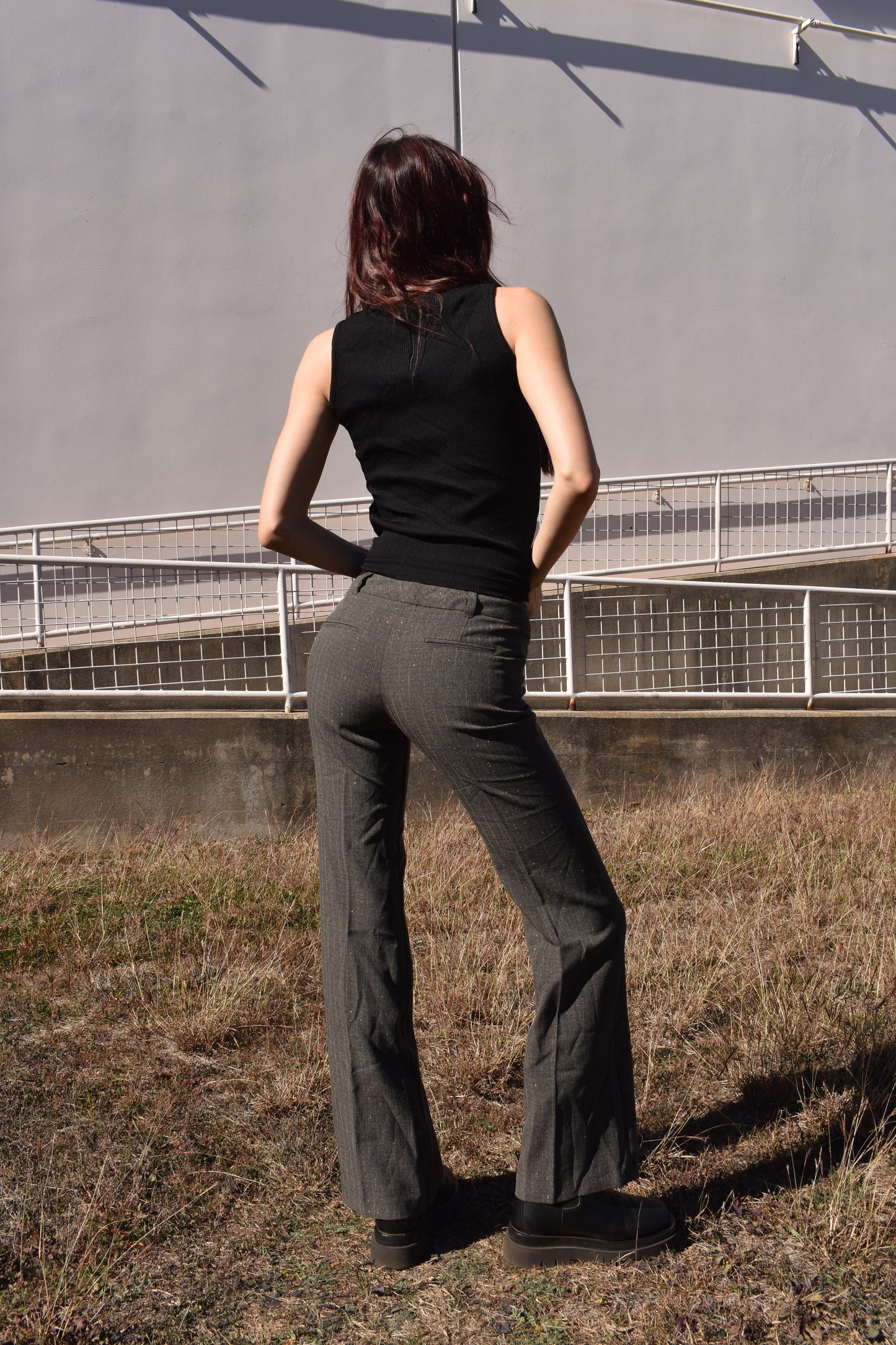 Vintage Grey Metallic Pinstripe Low Rise Trousers