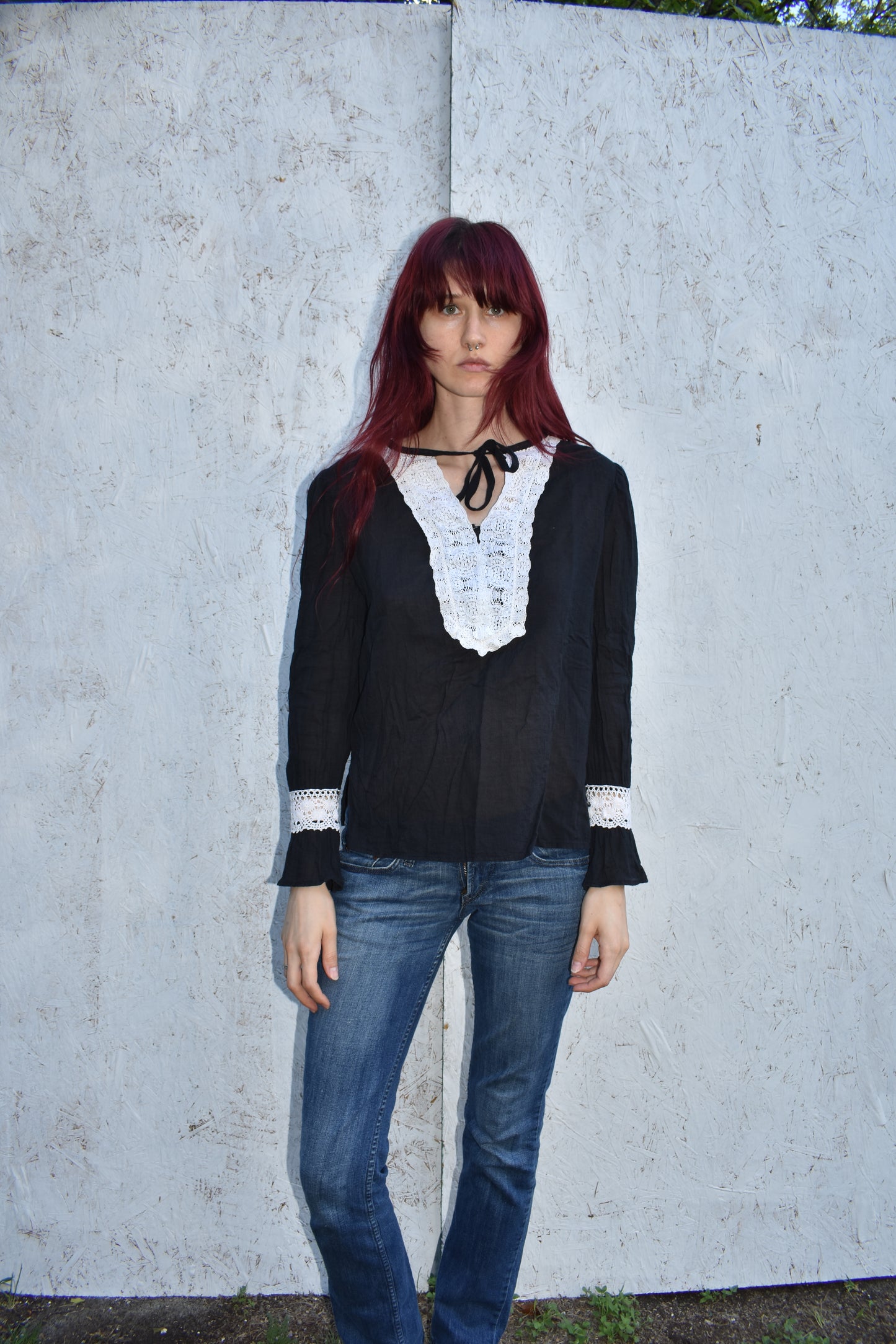 Vintage 80’s Tie Neck Bell sleeve Blouse with Lace