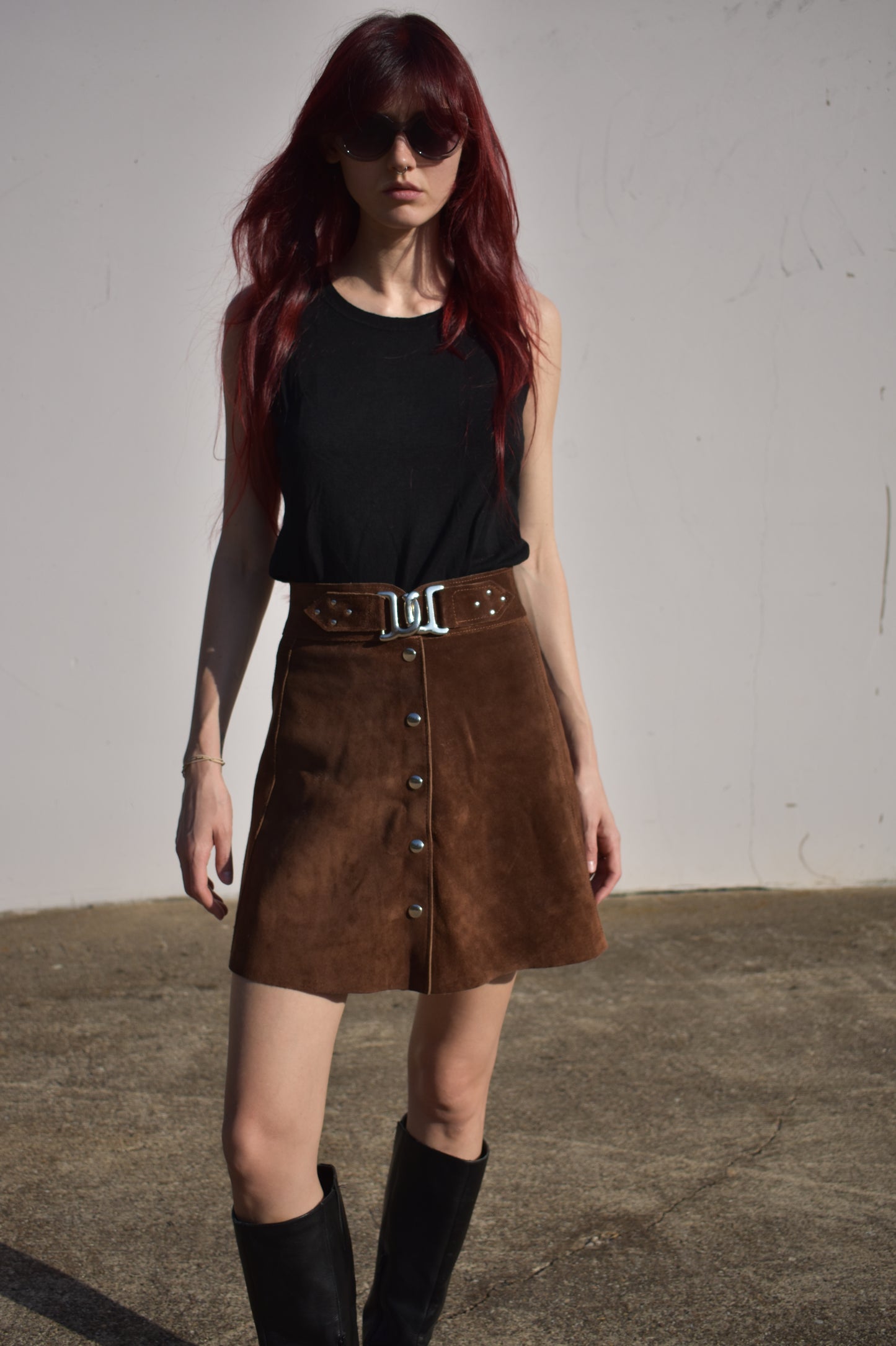 Vintage Belted Brown Suede Button Down Skirt