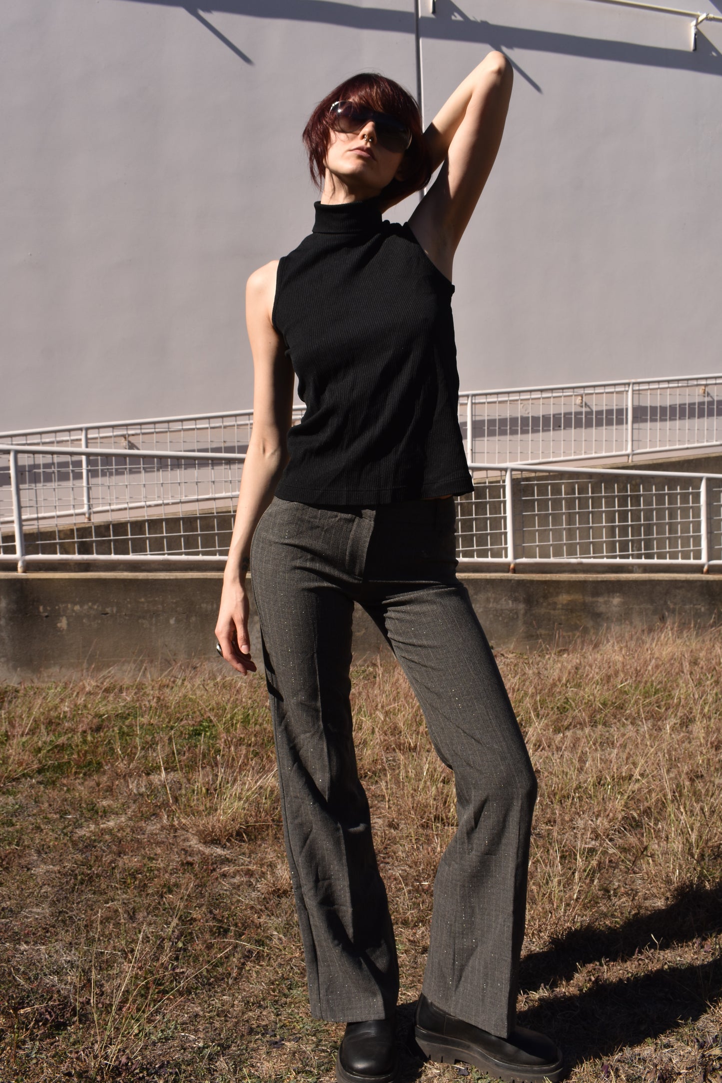 Vintage Grey Metallic Pinstripe Low Rise Trousers