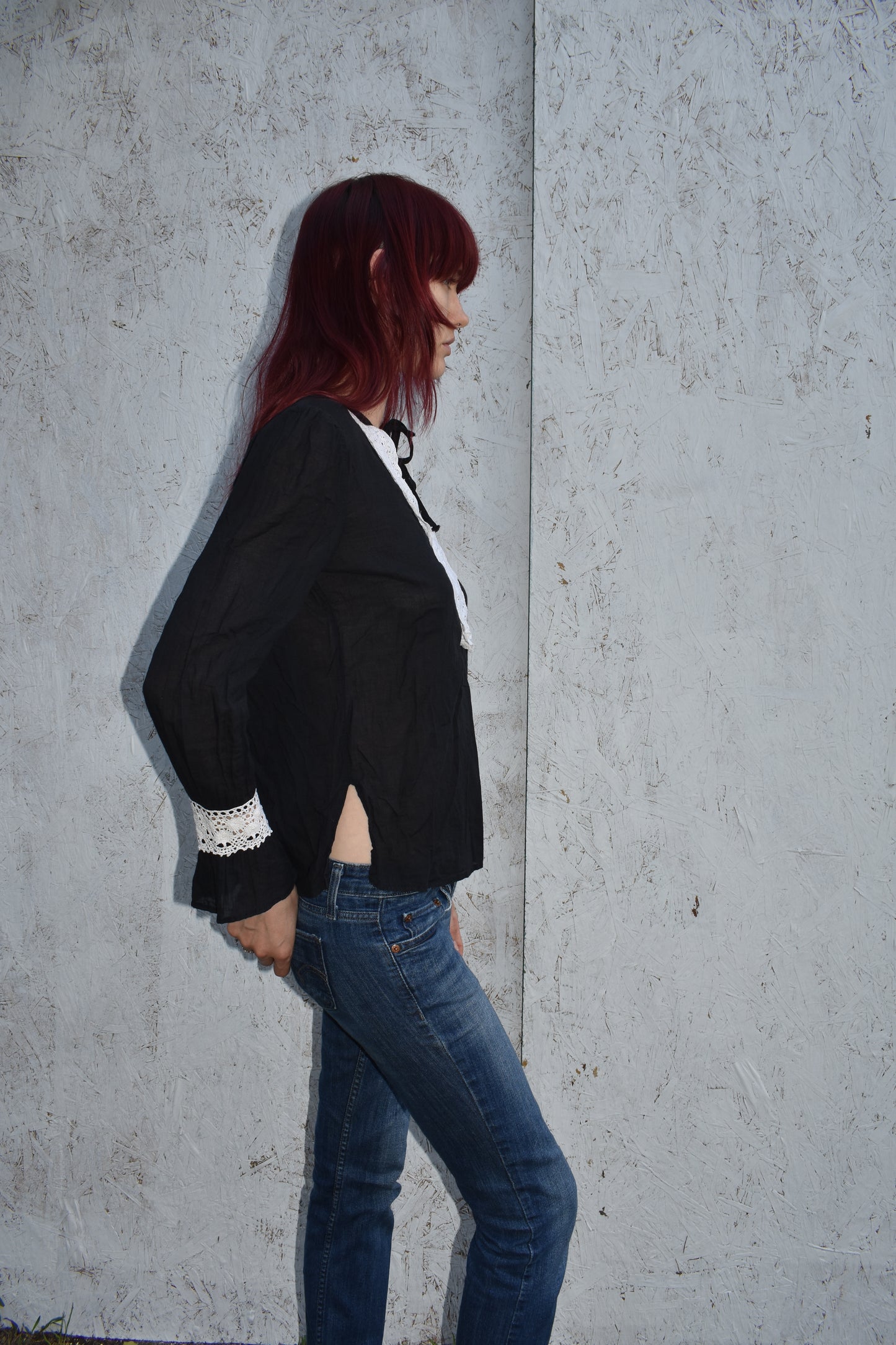 Vintage 80’s Tie Neck Bell sleeve Blouse with Lace