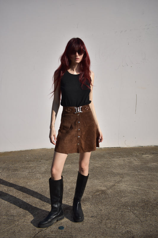 Vintage Belted Brown Suede Button Down Skirt