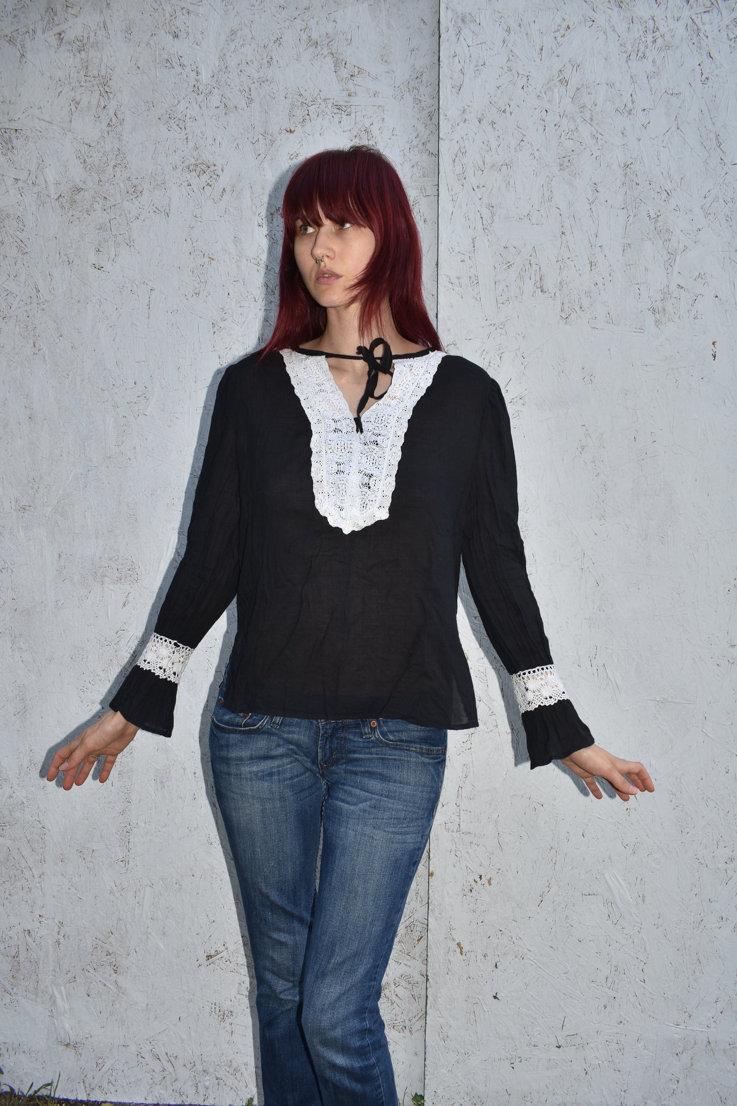 Vintage 80’s Tie Neck Bell sleeve Blouse with Lace